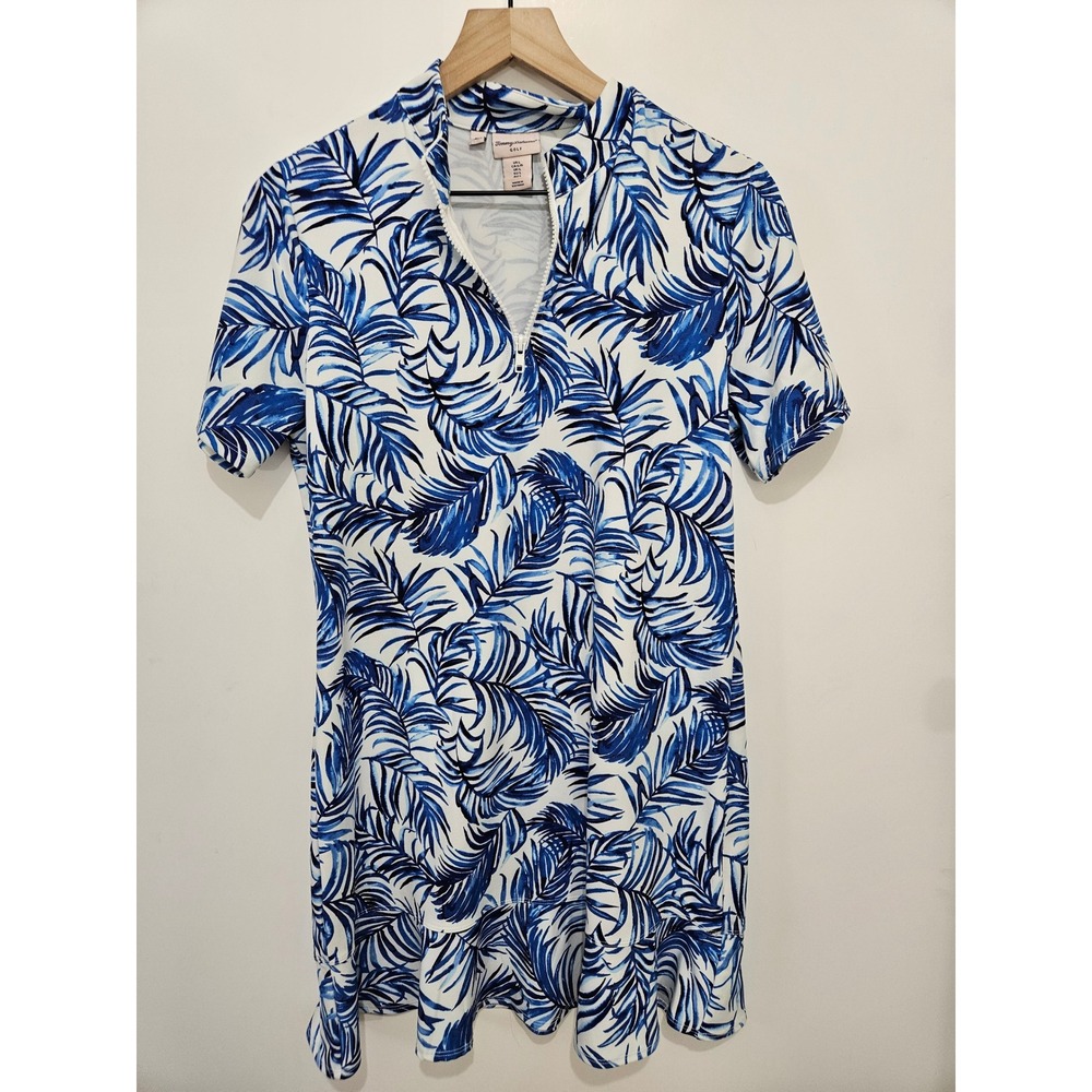 Tommy Bahama Golf Dress Womens Large Blue White Palm Tropical Quarter Zip Ruffle